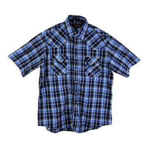 Plains Western Wear Mens L Blue Striped Pearl Snap Long Sleeve Shirt Plaid